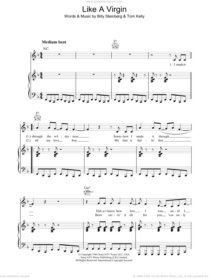 Like A Virgin sheet music for voice, piano or guitar by Madonna, Billy Steinberg and Tom Kelly, intermediate skill level