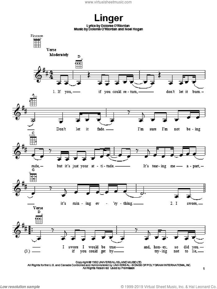 Linger sheet music for ukulele by The Cranberries, intermediate skill level