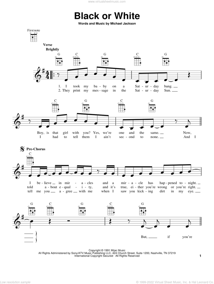 Black Or White sheet music for ukulele by Michael Jackson, intermediate skill level