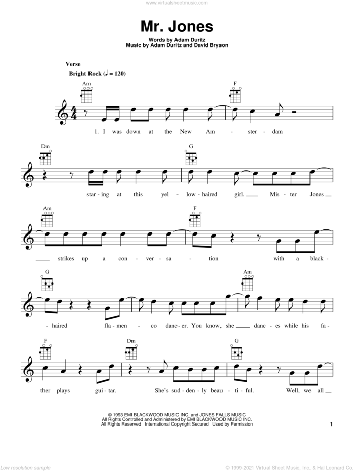 Mr. Jones sheet music for ukulele by Counting Crows, intermediate skill level