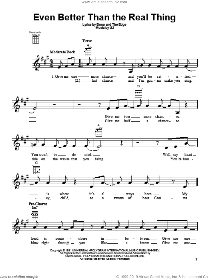 Even Better Than The Real Thing sheet music for ukulele by U2, intermediate skill level