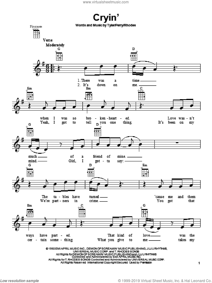 Cryin' sheet music for ukulele by Aerosmith, intermediate skill level