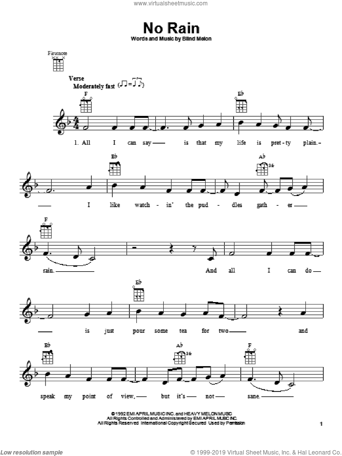 No Rain sheet music for ukulele by Blind Melon, intermediate skill level