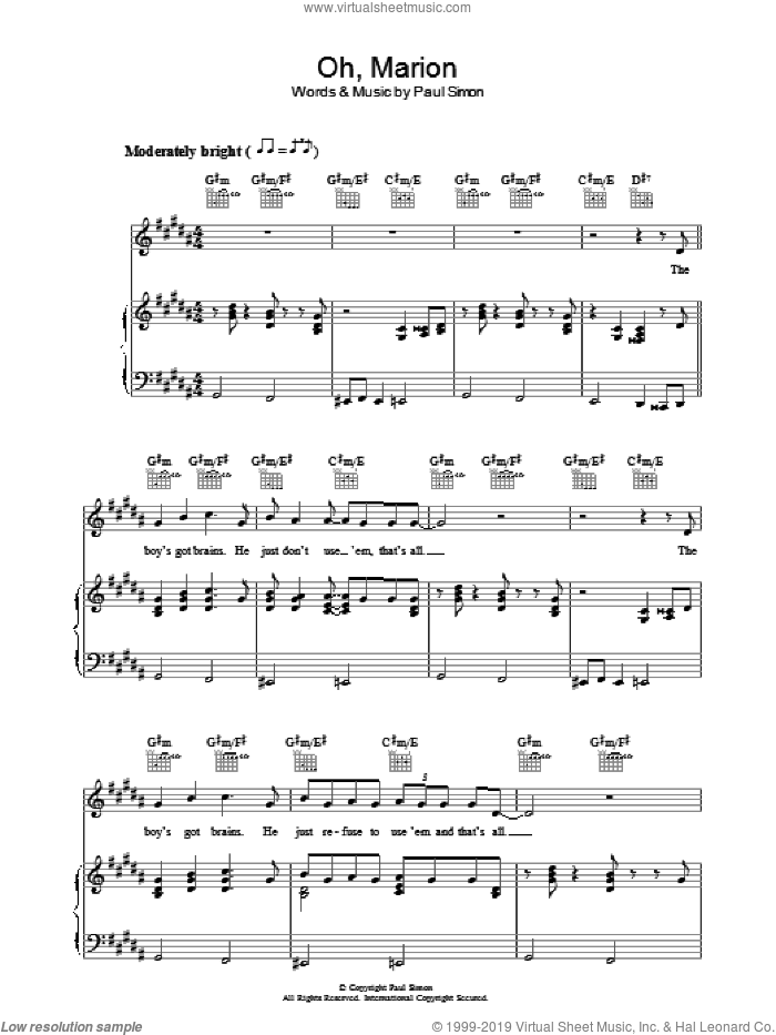 Oh, Marion sheet music for voice, piano or guitar by Paul Simon, intermediate skill level