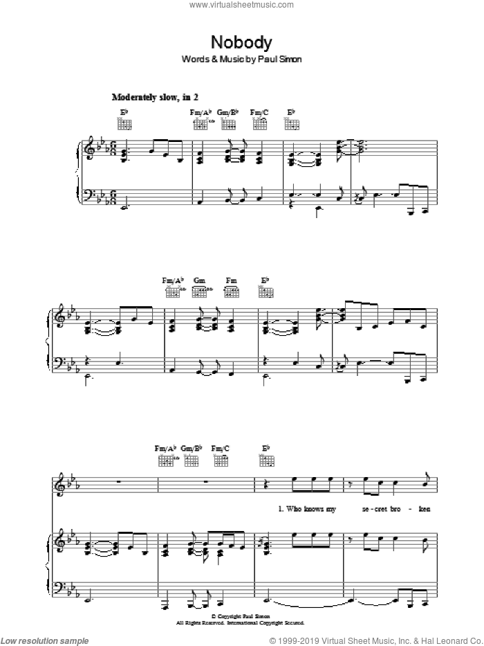 Nobody sheet music for voice, piano or guitar by Paul Simon, intermediate skill level