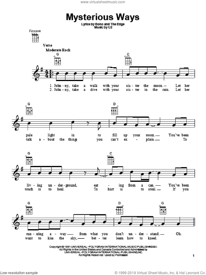Mysterious Ways sheet music for ukulele by U2, intermediate skill level
