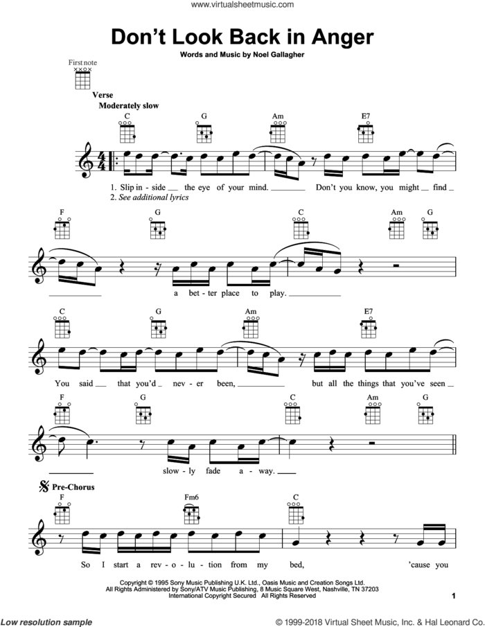 Don't Look Back In Anger sheet music for ukulele by Oasis, intermediate skill level
