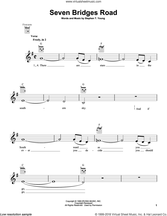 Seven Bridges Road sheet music for ukulele by The Eagles, intermediate skill level