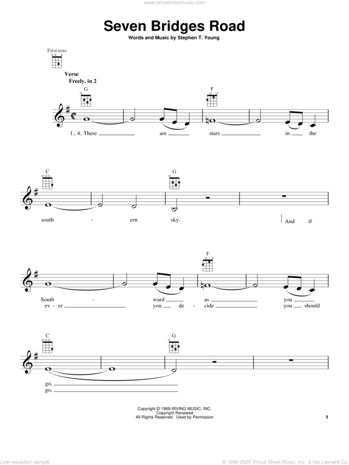 Seven Bridges Road sheet music for ukulele by The Eagles, intermediate skill level