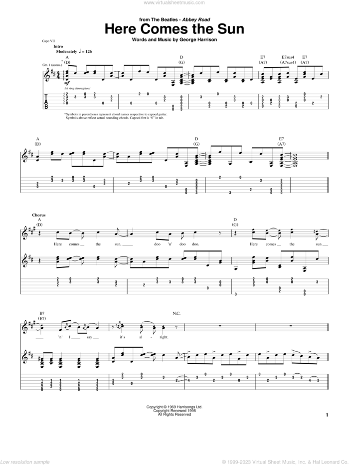 Here Comes The Sun sheet music for guitar (tablature) by The Beatles and George Harrison, intermediate skill level
