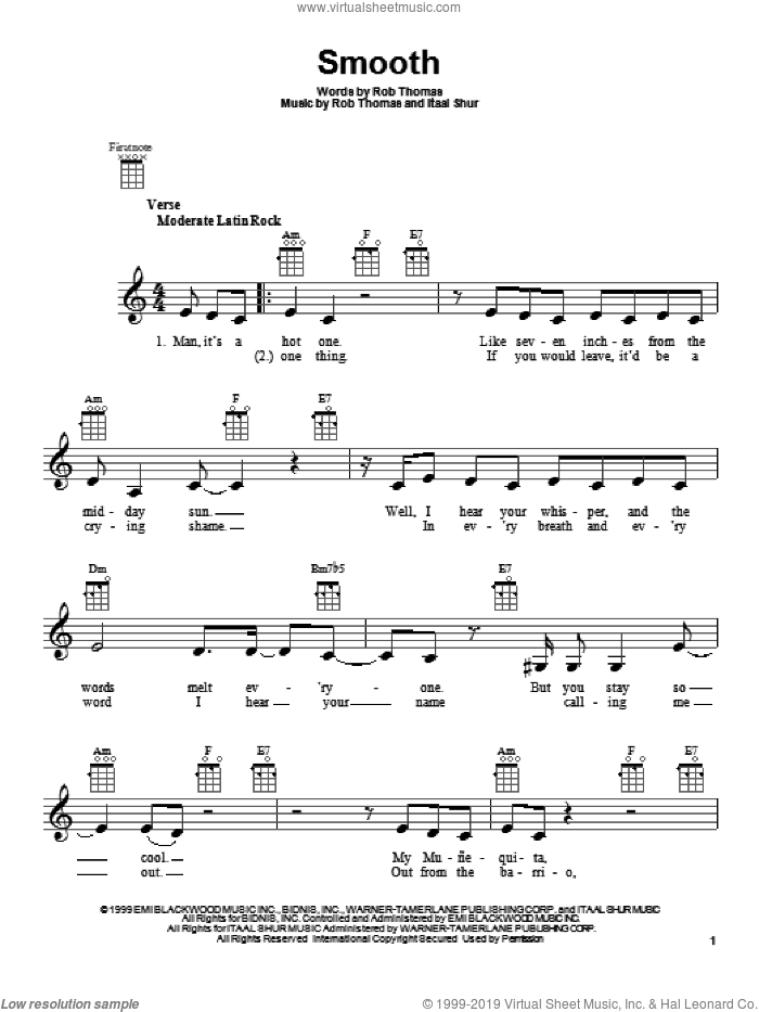 Smooth (feat. Rob Thomas) sheet music for ukulele by Santana featuring Rob Thomas, Carlos Santana, Itaal Shur and Rob Thomas, intermediate skill level