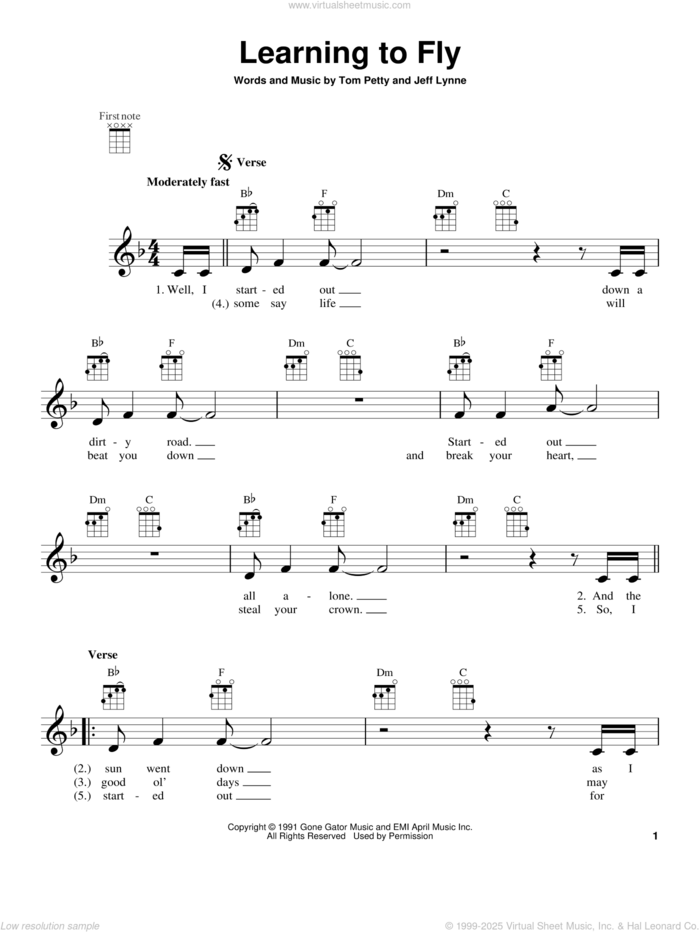 Learning To Fly sheet music for ukulele by Tom Petty, intermediate skill level