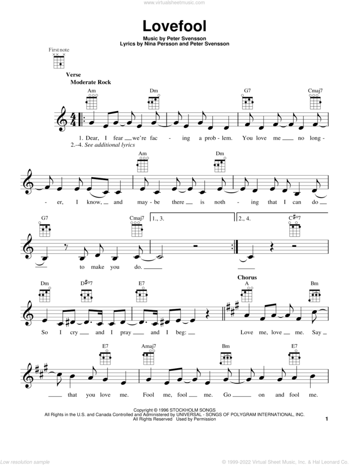 Lovefool sheet music for ukulele by The Cardigans, intermediate skill level