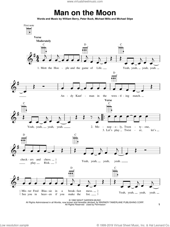 Man On The Moon sheet music for ukulele by R.E.M., intermediate skill level