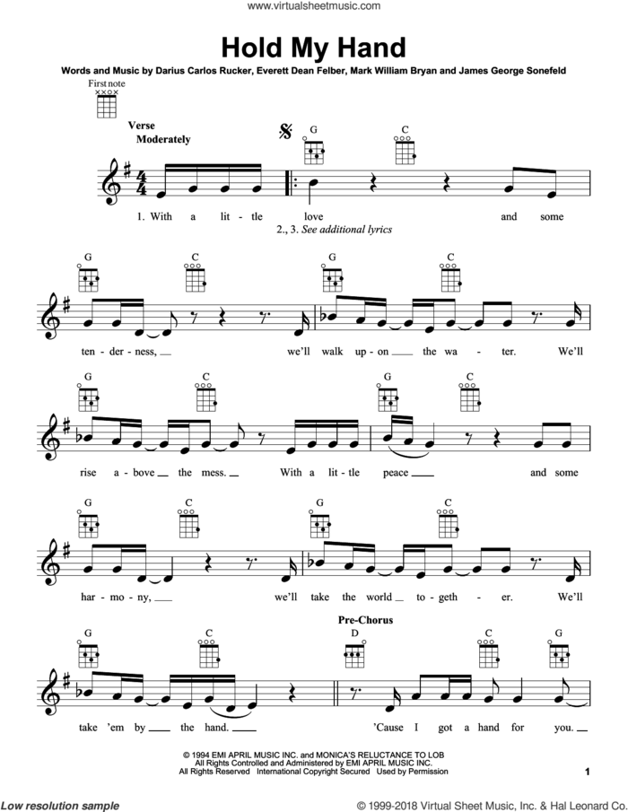 Hold My Hand sheet music for ukulele by Hootie & The Blowfish, intermediate skill level