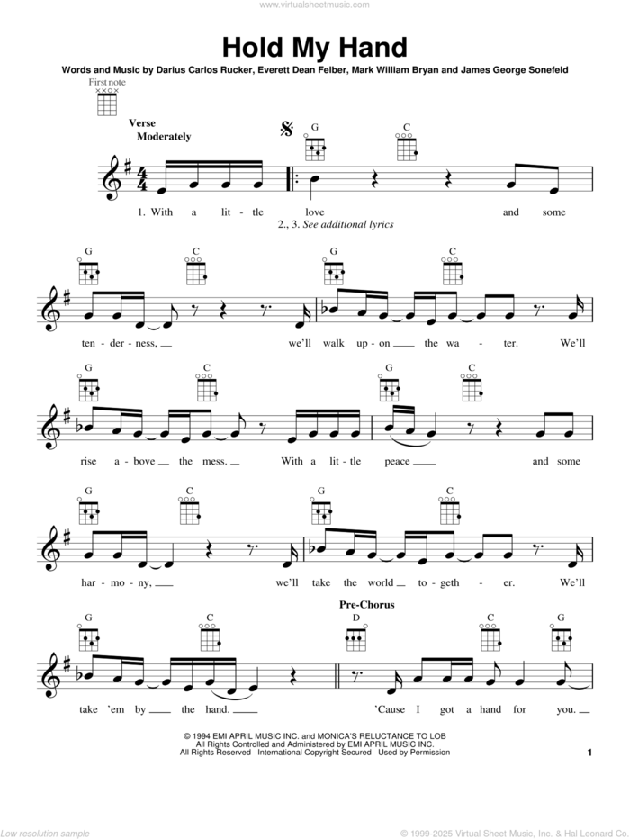 Hold My Hand sheet music for ukulele by Hootie & The Blowfish, intermediate skill level