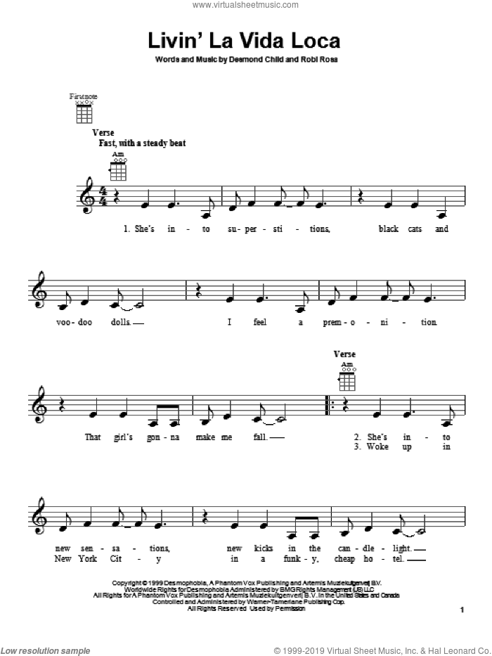 Livin' La Vida Loca sheet music for ukulele by Ricky Martin, intermediate skill level