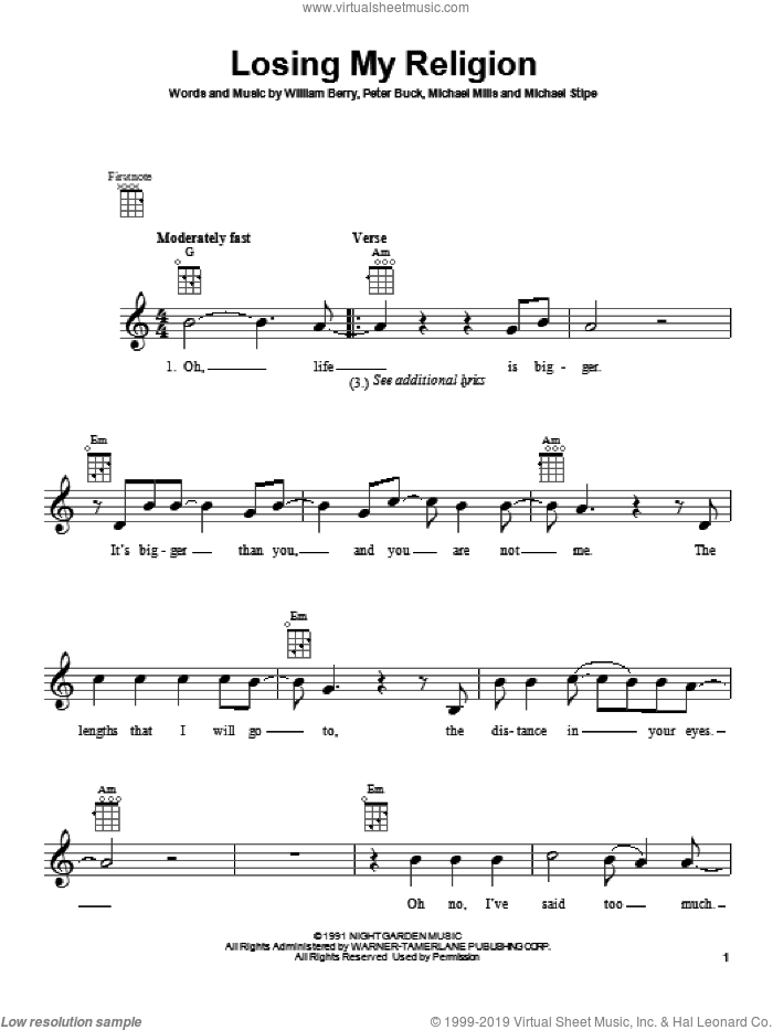 Losing My Religion sheet music for ukulele by R.E.M., intermediate skill level
