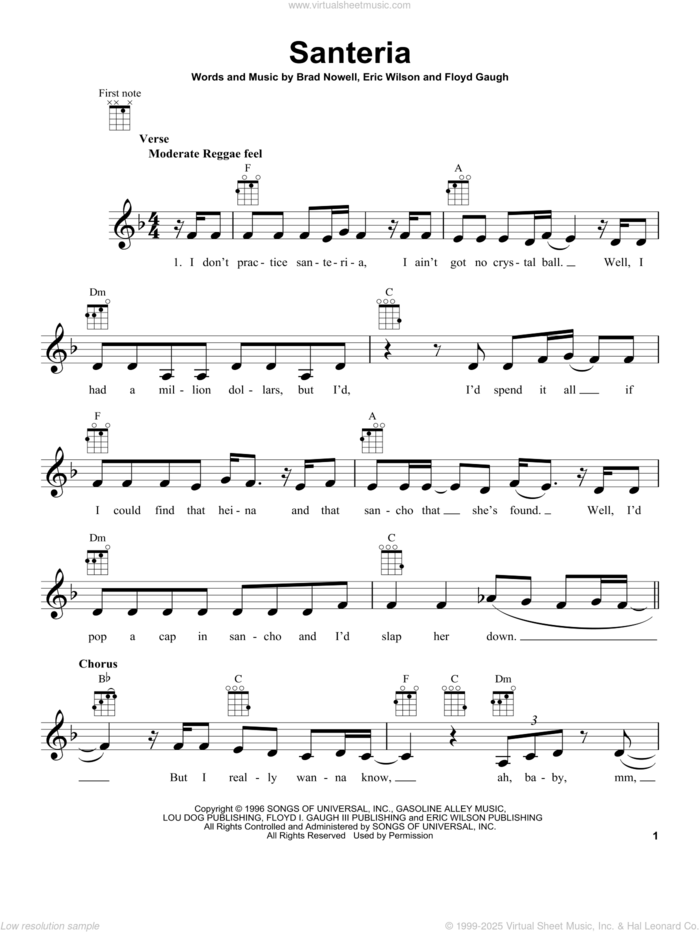 Santeria sheet music for ukulele by Sublime, intermediate skill level