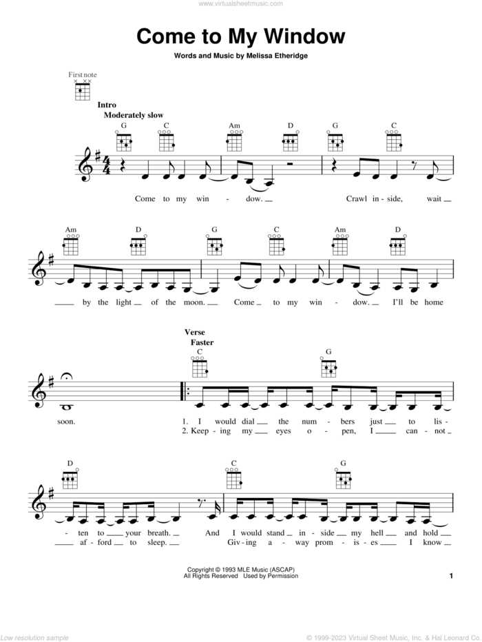Come To My Window sheet music for ukulele by Melissa Etheridge, intermediate skill level