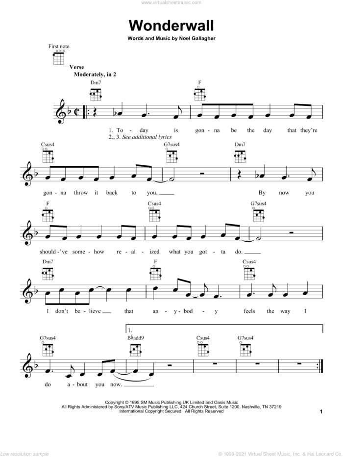 Wonderwall sheet music for ukulele by Oasis, intermediate skill level