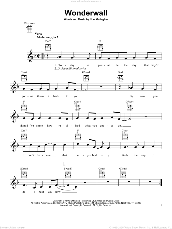 Wonderwall sheet music for ukulele by Oasis, intermediate skill level