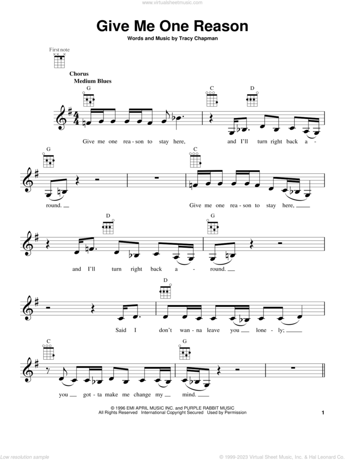Give Me One Reason sheet music for ukulele by Tracy Chapman, intermediate skill level