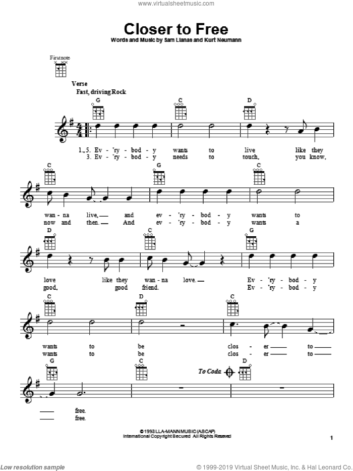 Closer To Free sheet music for ukulele by BoDeans, intermediate skill level