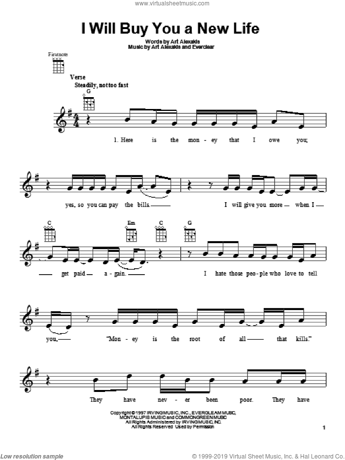 I Will Buy You A New Life sheet music for ukulele by Everclear, intermediate skill level