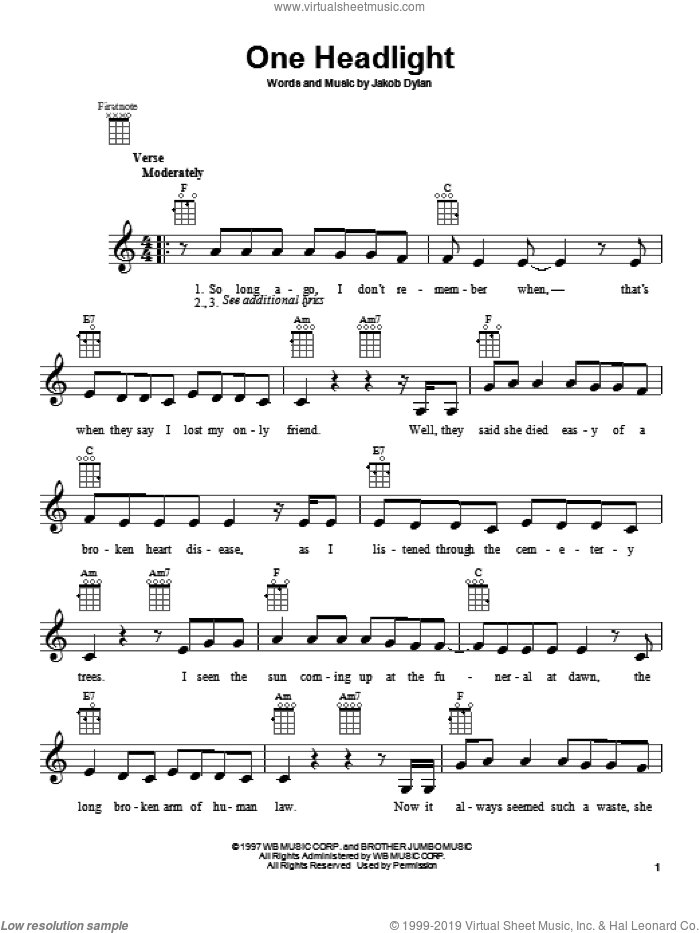 One Headlight sheet music for ukulele by The Wallflowers, intermediate skill level