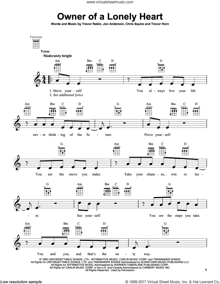 Owner Of A Lonely Heart sheet music for ukulele by Yes, intermediate skill level