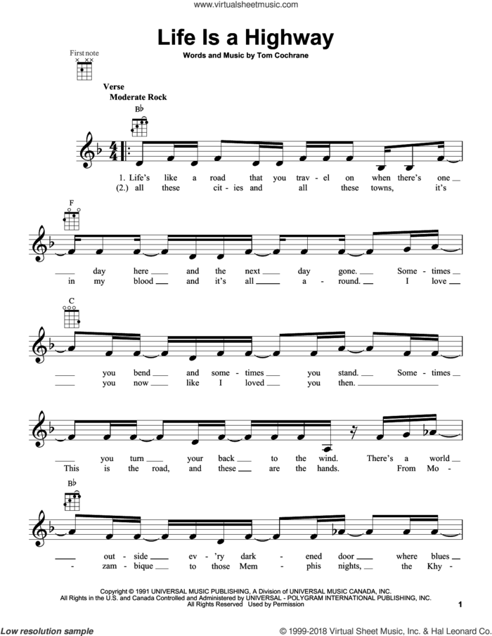 Life Is A Highway sheet music for ukulele by Tom Cochrane, intermediate skill level
