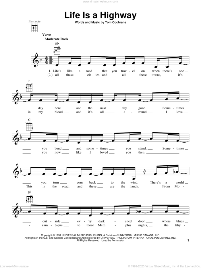 Life Is A Highway sheet music for ukulele by Tom Cochrane, intermediate skill level