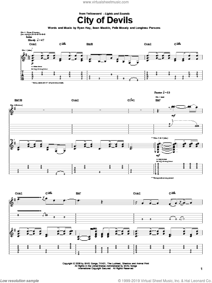 City Of Devils sheet music for guitar (tablature) by Yellowcard, Longineu Parsons, Pete Mosely, Ryan Key and Sean Mackin, intermediate skill level