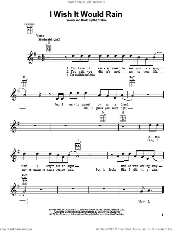 I Wish It Would Rain sheet music for ukulele by Phil Collins, intermediate skill level