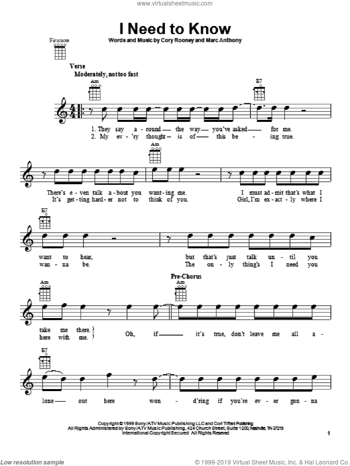 I Need To Know sheet music for ukulele by Marc Anthony, intermediate skill level