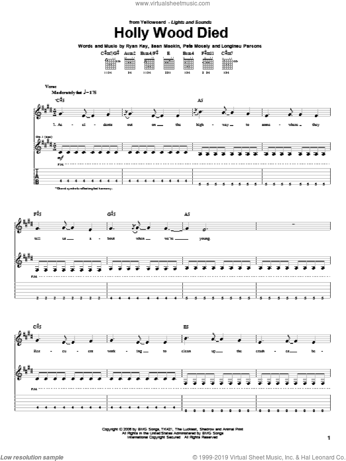 Holly Wood Died sheet music for guitar (tablature) by Yellowcard, Longineu Parsons, Pete Mosely, Ryan Key and Sean Mackin, intermediate skill level