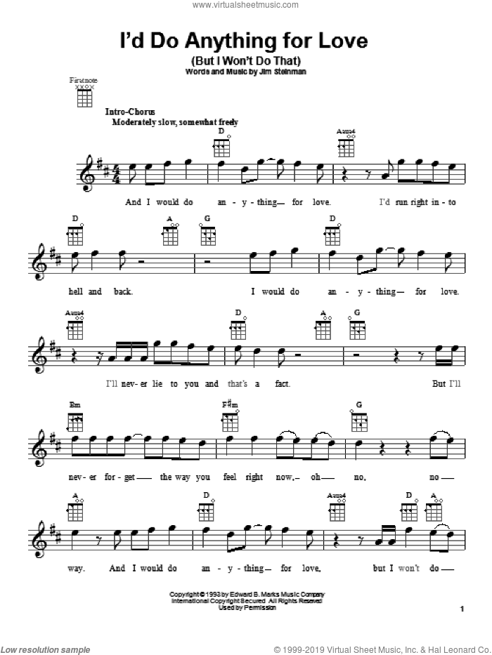 I'd Do Anything For Love (But I Won't Do That) sheet music for ukulele by Meat Loaf, intermediate skill level