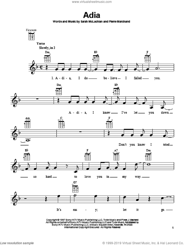 Adia sheet music for ukulele by Sarah McLachlan, intermediate skill level