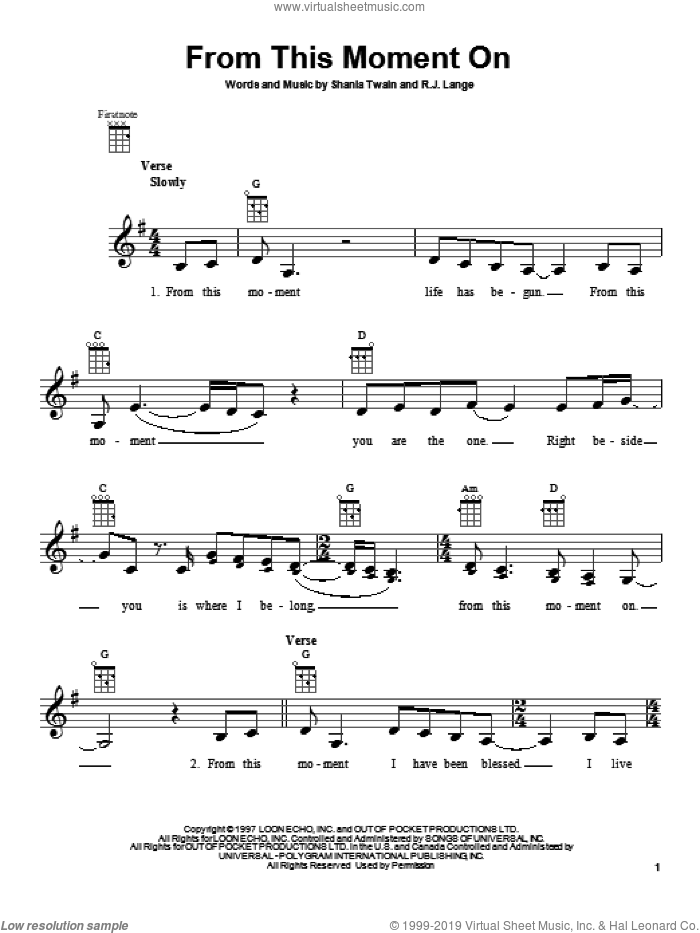 From This Moment On sheet music for ukulele by Shania Twain, wedding score, intermediate skill level