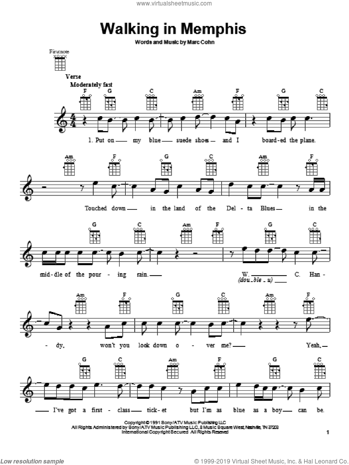 Walking In Memphis sheet music for ukulele by Marc Cohn and Lonestar, intermediate skill level