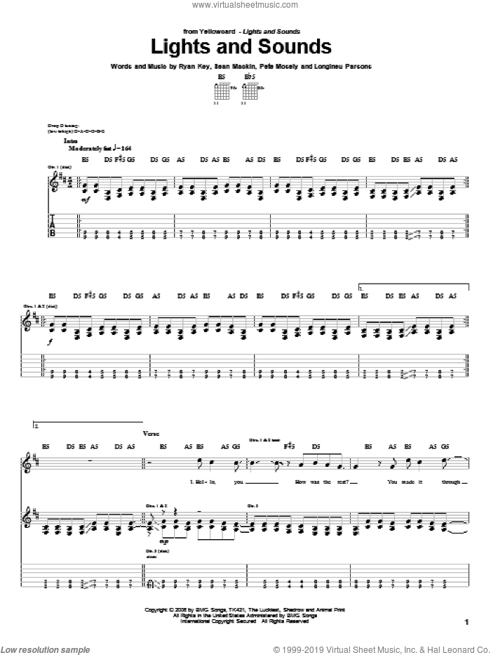 Lights And Sounds sheet music for guitar (tablature) by Yellowcard, Longineu Parsons, Pete Mosely, Ryan Key and Sean Mackin, intermediate skill level