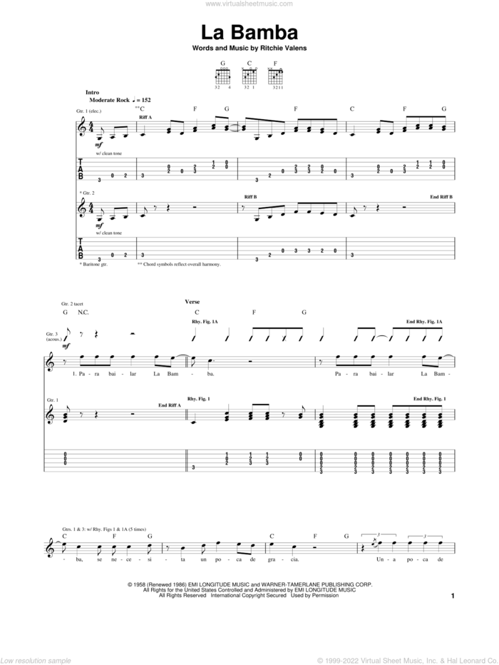 La Bamba sheet music for guitar (tablature) by Los Lobos and Ritchie Valens, intermediate skill level
