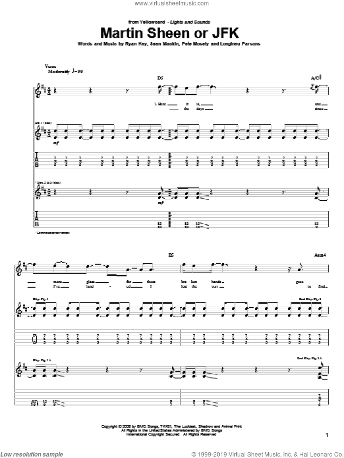 Martin Sheen Or JFK sheet music for guitar (tablature) by Yellowcard, Longineu Parsons, Pete Mosely, Ryan Key and Sean Mackin, intermediate skill level