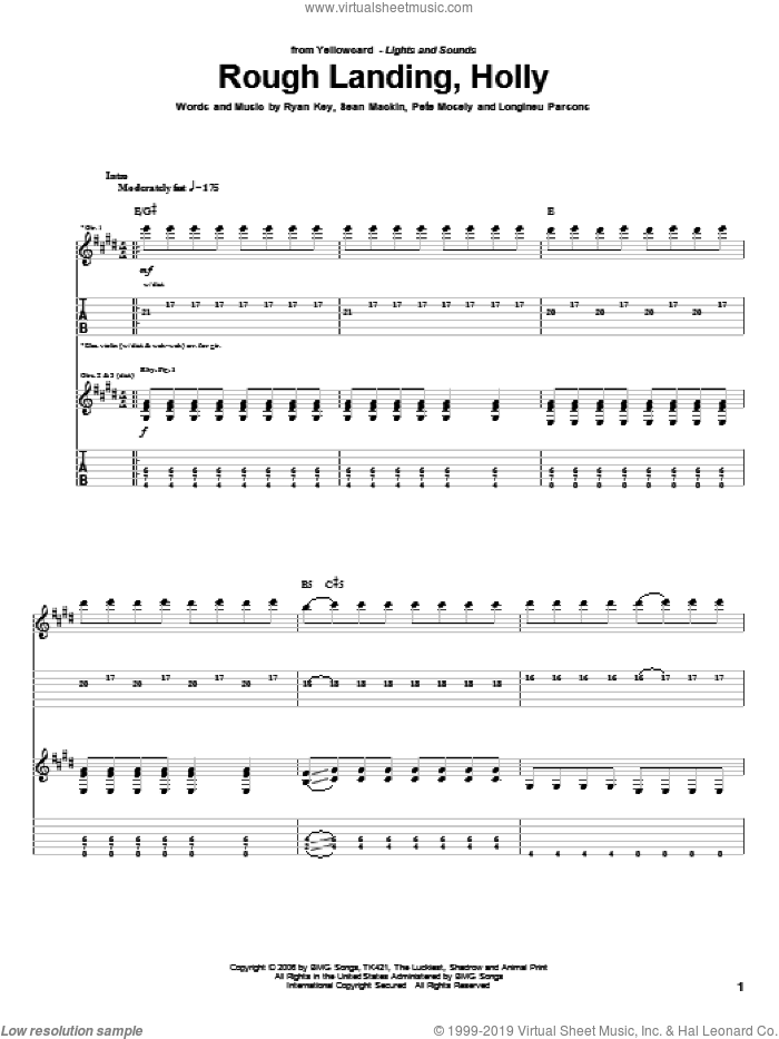 Rough Landing, Holly sheet music for guitar (tablature) by Yellowcard, Longineu Parsons, Pete Mosely, Ryan Key and Sean Mackin, intermediate skill level