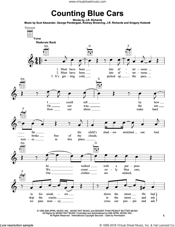 Counting Blue Cars sheet music for ukulele by Dishwalla, intermediate skill level