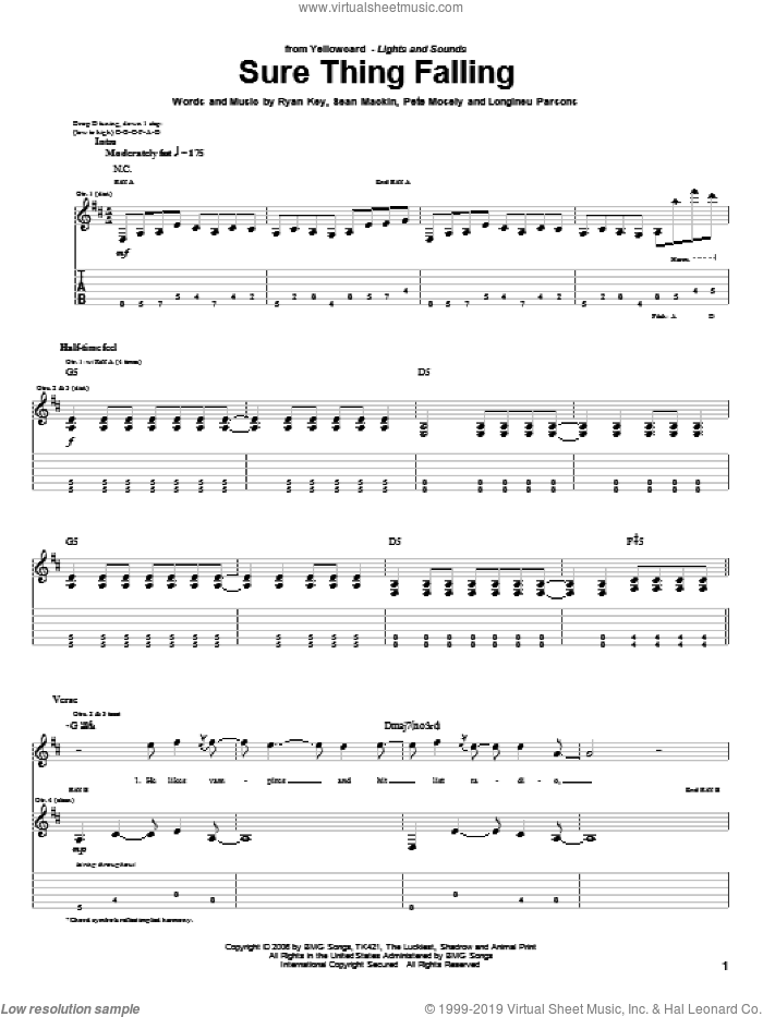 Sure Thing Falling sheet music for guitar (tablature) by Yellowcard, Longineu Parsons, Pete Mosely, Ryan Key and Sean Mackin, intermediate skill level