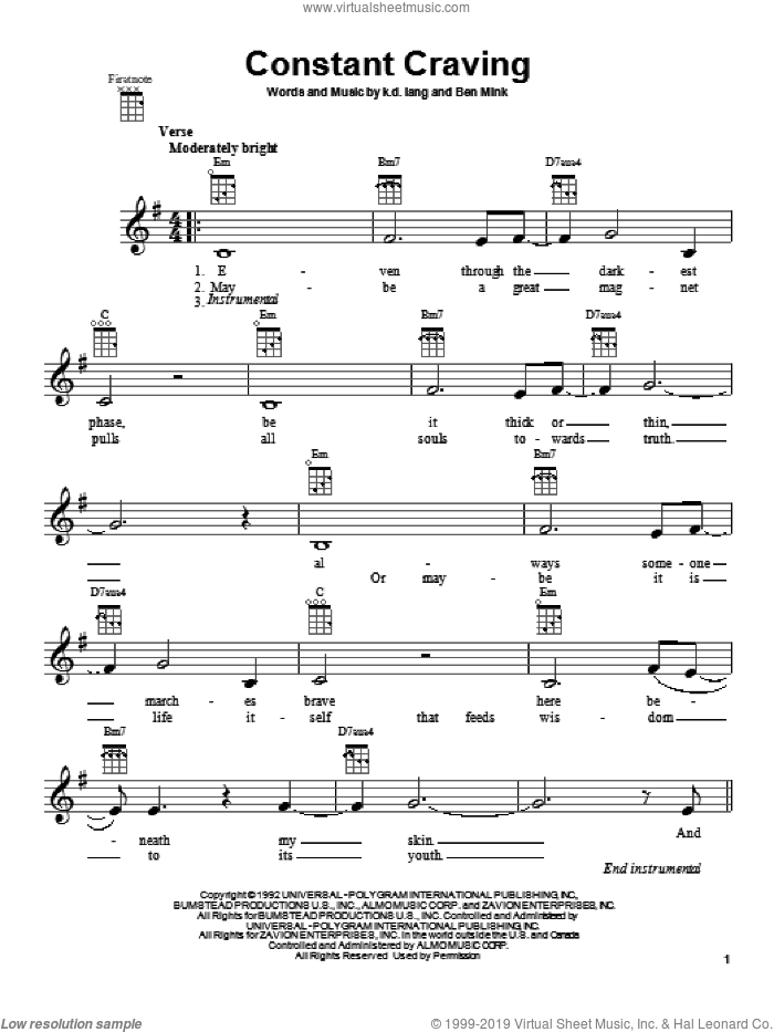 Constant Craving sheet music for ukulele by k.d. lang, intermediate skill level