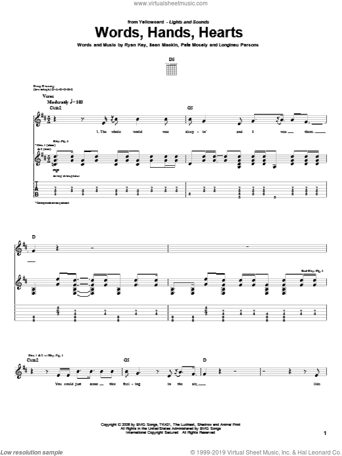 Words, Hands, Hearts sheet music for guitar (tablature) by Yellowcard, Longineu Parsons, Pete Mosely, Ryan Key and Sean Mackin, intermediate skill level