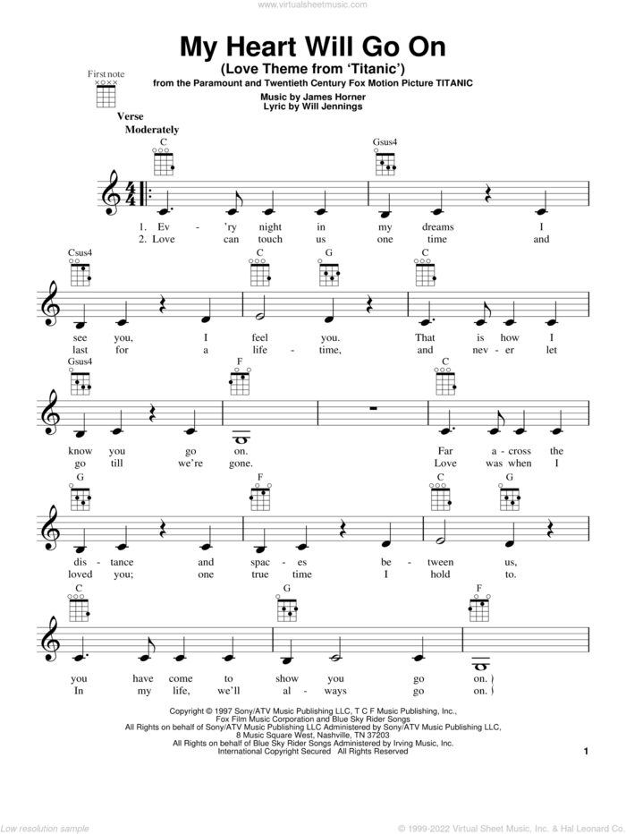 My Heart Will Go On (Love Theme From 'Titanic') sheet music for ukulele by Celine Dion, wedding score, intermediate skill level